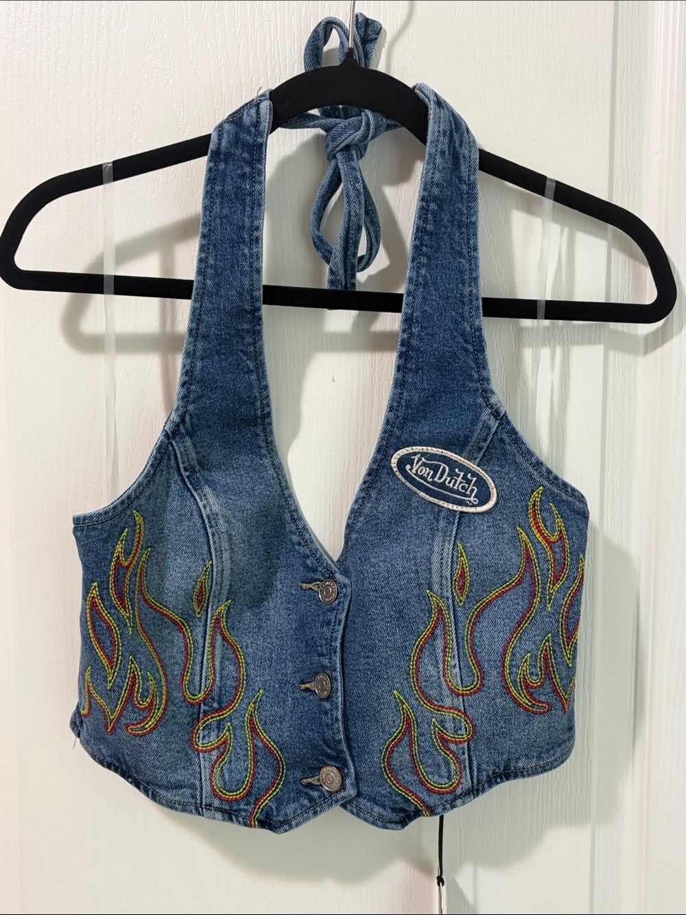 NWT Von Dutch Denim Flame Embroidered Halter Vest Top